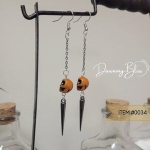 Orange Long Chain- Halloween Skull Dangle Earrings- Gun Metal spike- Tineka Dawn